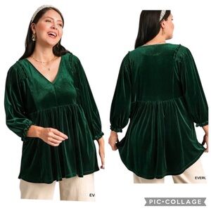 Umgee Emerald Green Velvet V-Neck 3/4 Sleeve Tunic Blouse Size Large
